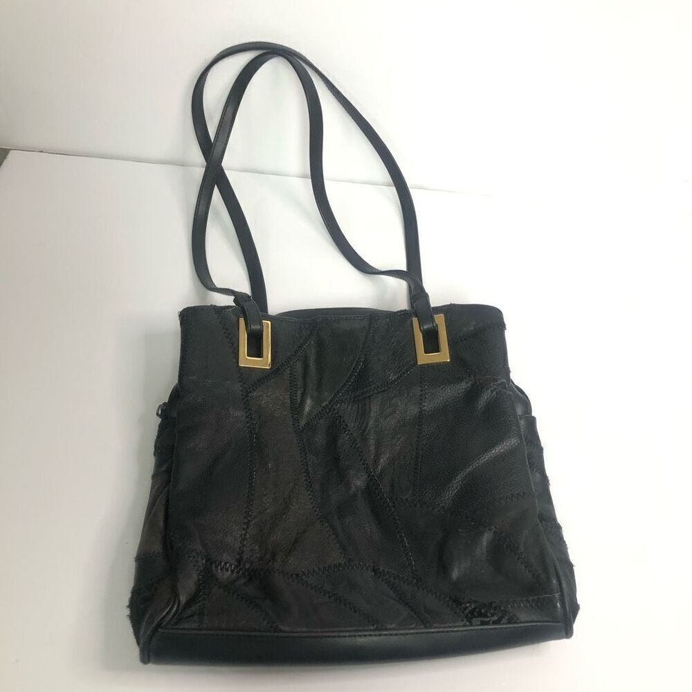 Vintage Black Leather Patchwork Shoulder Bag Gold Hardware Triple Compartment